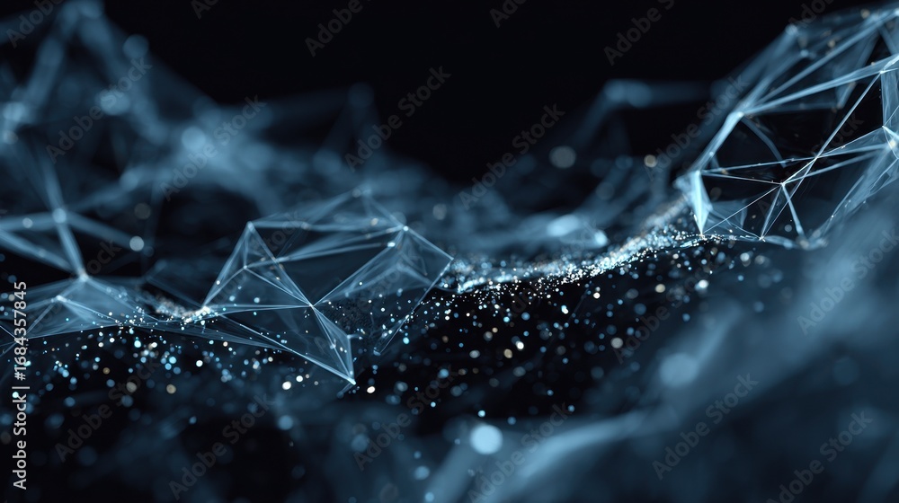 © sarun - Futuristic abstract digital landscape with glowing particles and transparent geometric shapes in dark background creating a sense of depth and motion