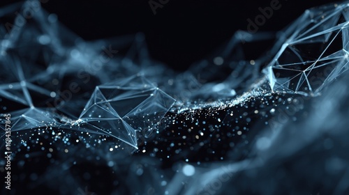 Futuristic abstract digital landscape with glowing particles and transparent geometric shapes in dark background creating a sense of depth and motion
