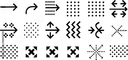 Vector illustration of various arrows, dotted patterns, zigzags, and expansion symbols in black and white color scheme