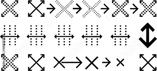 Vector collection of black and white arrow icons showing resizing and directional movement in different patterns
