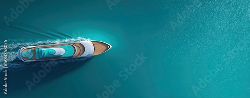 Aerial view of a luxury yacht moving across turquoise water