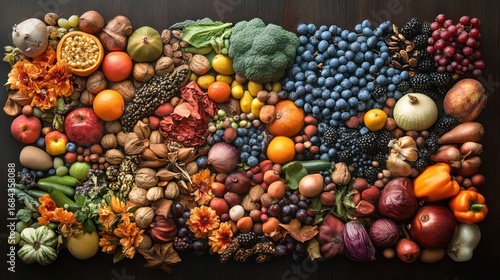 Autumn harvest bounty on dark wood; healthy food flatlay; recipe background