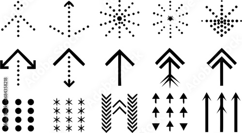 Vector illustration of various arrow designs and patterns including dotted arrows and star like formations on white