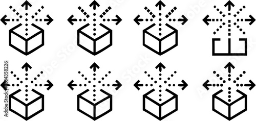 Vector black outline icons showing a cube with dotted lines and arrows extending outward in various directions