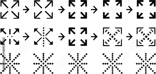 Vector visual representation of scaling and expanding icons with arrows and dotted patterns in a sequence flow