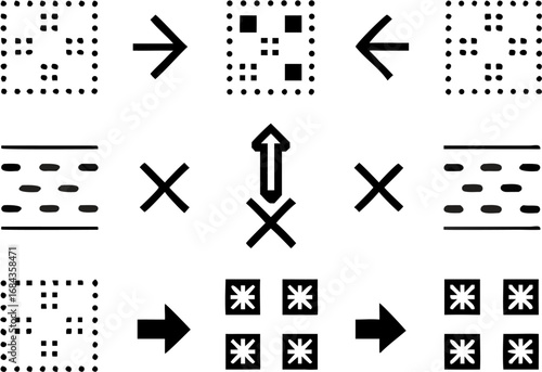 Vector diagram illustrating transformations of geometric shapes and patterns with arrows and crosses symbols