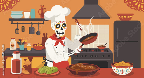 A charming flat design illustration depicts a joyful skeleton chef preparing traditional Mexican cuisine in a festive kitchen adorned with Día de los Muertos decorations