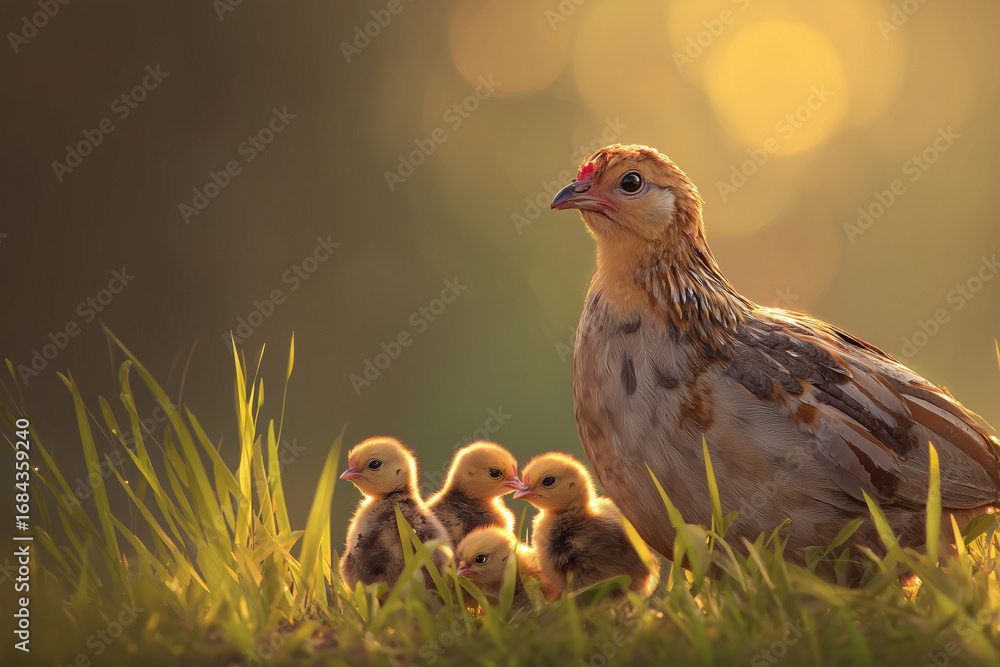 Obraz premium quail with their chicks around, meadow background, soft golden sunlight, ultra realistic style