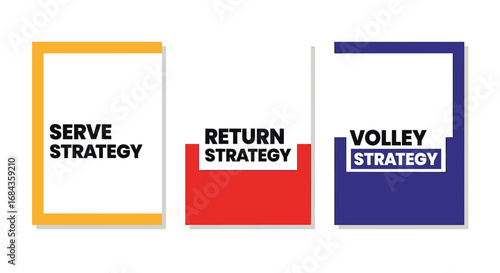 Three colorful rectangular cards display the text 'Serve Strategy', 'Return Strategy', and 'Volley Strategy', representing business and sports concepts in a clean, modern design.