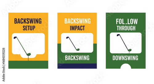 A golf swing instruction graphic series, depicting the setup, impact, and follow-through phases, with a simple design and clear visual representation for instructional purposes.