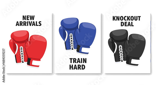 A graphic illustration showcasing boxing gloves in red, blue, and black, with text overlays promoting new arrivals, training, and a knockout deal for fitness and sports enthusiasts.