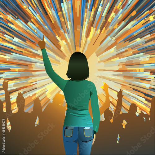 The Sea of Lights. An ultra-realistic photograph taken from behind a female idol performer.
