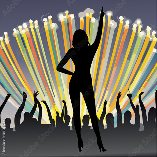 The Sea of Lights. An ultra-realistic photograph taken from behind a female idol performer.

