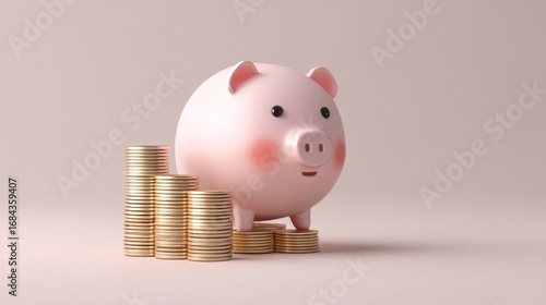 Wallpaper Mural Cute piggy bank with shiny coins stacked nearby, representing savings, investments, financial growth, and budgeting concepts in a modern design setting. Torontodigital.ca