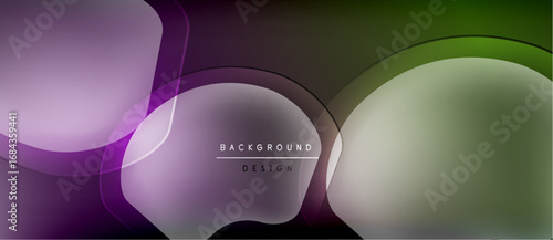 Abstract shapes overlap, creating soft gradients. Purple, green, gray hues dominate design. Minimalist text reads background design. Smooth transitions present modern aesthetic.
