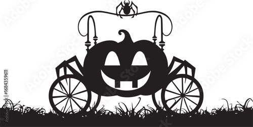 Halloween pumpkin carriage silhouette vector illustration for spooky season and trick or treat design
