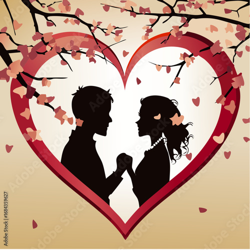 The Cherry Blossom Heart. An ultra-realistic, cinematic, and deeply romantic photograph of a stylish young East Asian couple standing under a canopy of blooming cherry blossom trees.
