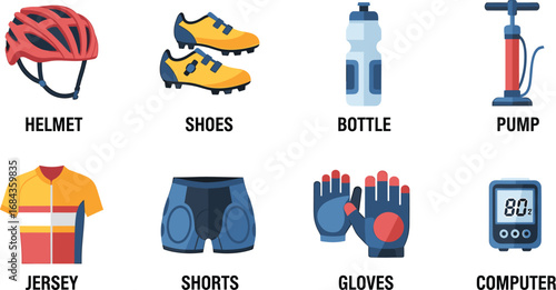 A collection of cycling equipment, including a helmet, shoes, water bottle, pump, jersey, shorts, gloves, and a cycling computer, illustrated in a flat design style.