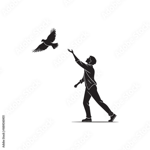 Man releasing dove silhouette, freedom and peace concept vector illustration