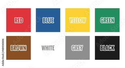 A graphic illustration displays eight different color squares with their corresponding color names in a simple, clean, and visually appealing presentation for design purposes.