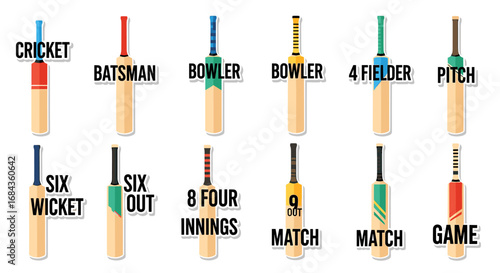 A graphic illustration showcasing various cricket bat designs, each labeled with a specific role or aspect of the sport, perfect for sports-related educational materials.