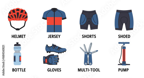 A flat illustration showcases essential cycling gear, including a helmet, jersey, shorts, shoes, water bottle, gloves, multi-tool, and pump, ideal for outdoor sports and recreational activities.