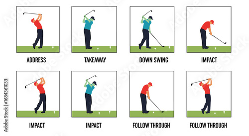 Illustrated golf swing sequence diagrams showcase the different stages of a golf swing, demonstrating the address, takeaway, downswing, impact, and follow-through phases.