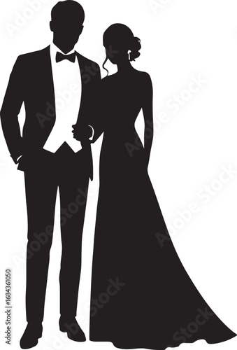 Elegant Silhouette of Wedding Couple in Formal Attire Celebrating Love and Partnership on White Backdrop