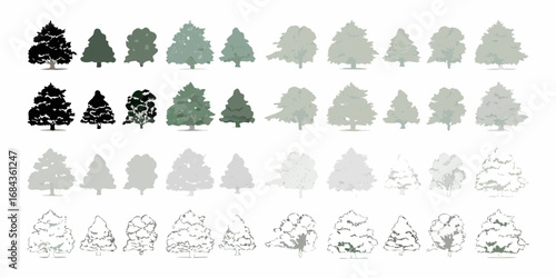 Collection of stylized trees in various shades of green and gray