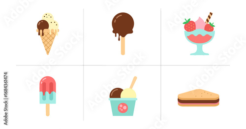 Various ice cream desserts flat design illustrations
