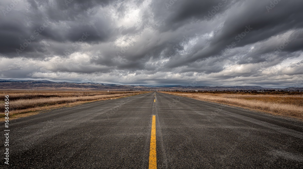 Fototapeta premium Moody overcast sky over an expansive empty roadway with atmospheric depth.