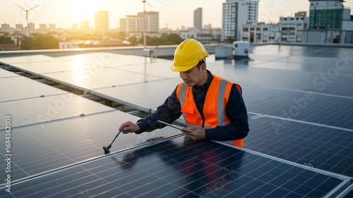 A technician inspects solar panels on a rooftop at sunrise.