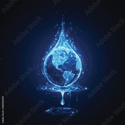 World Water Day concept web banner with glowing Earth, water drop, puddle on dark blue background.  , vector style simple color