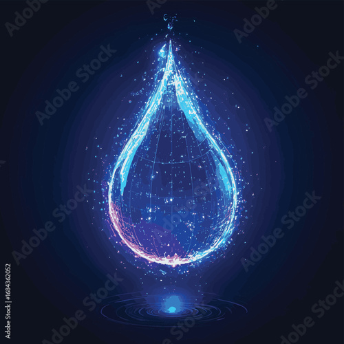 Futuristic glowing low polygonal water drop with splash ripples isolated on dark blue background , vector style simple color