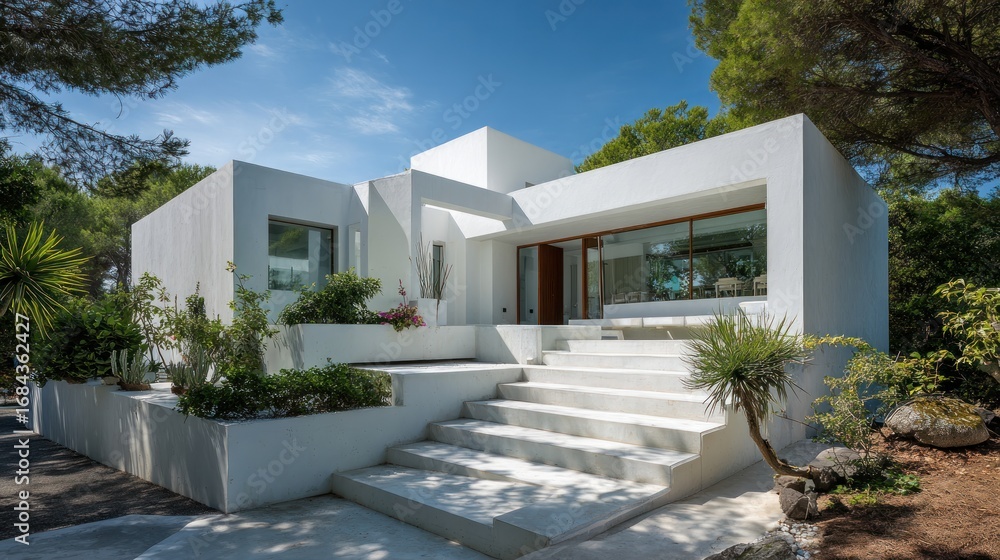 Fototapeta premium Modern White Villa Architecture in Sunny Mediterranean Landscape