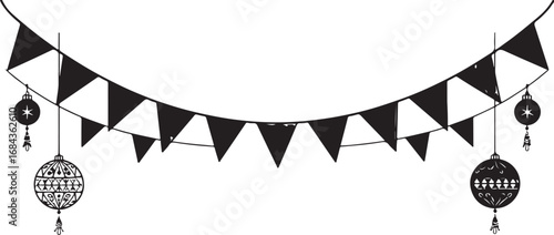 Festive Black and White Banner with Hanging Ornaments Perfect for Celebrations and Party Decorations a Minimalist Design