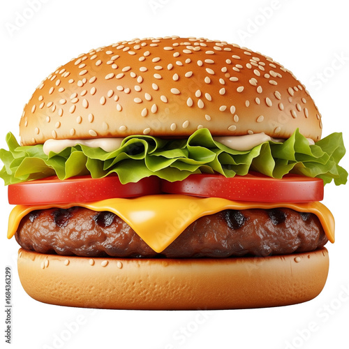 Delicious cheeseburger with lettuce, tomato, cheese, and sesame bun