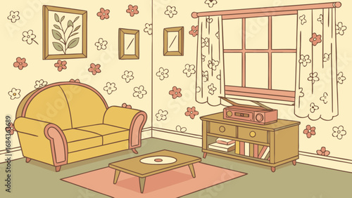 Retro living room interior design with sofa, radio, floral wallpaper and window illustration vector