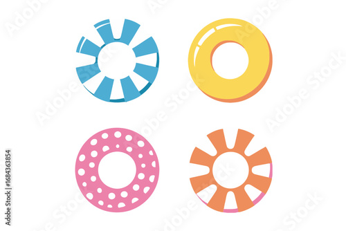 Pool float ring icon set with colorful donut lifebuoy circles, summer swimming inflatable collection, playful vacation graphic, editable vector illustration