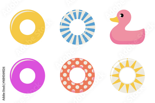 Inflatable pool float icons featuring swim rings, striped lifesavers, sunny ring and cute duck float, summer beach pool toys, clean vector set