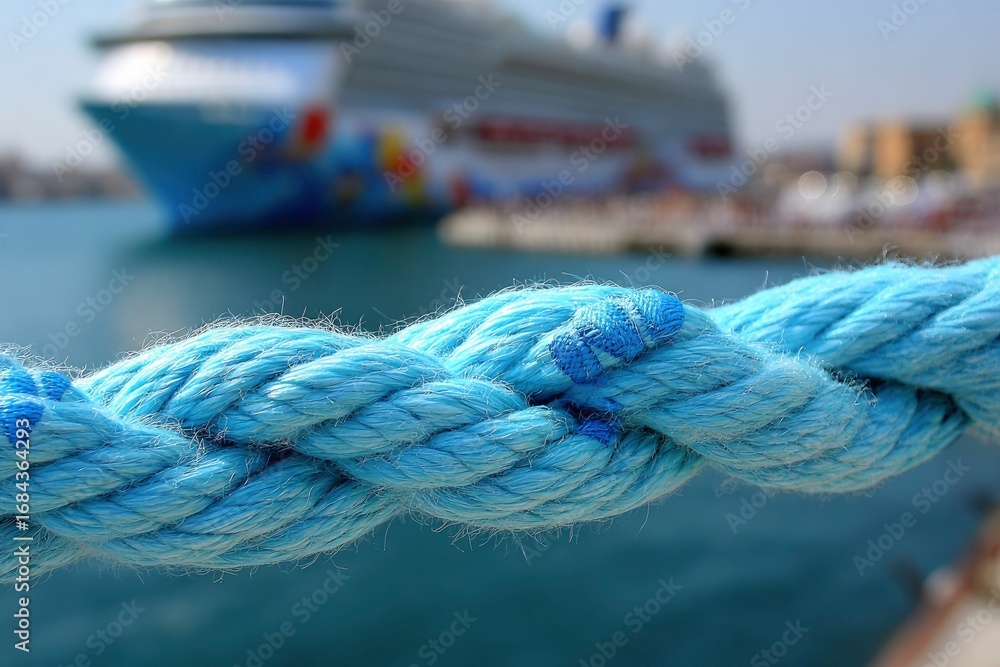 Fototapeta premium Close-up of bright blue rope, blurred cruise ship in background