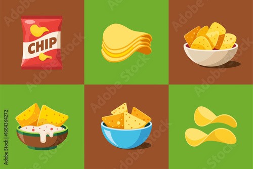 Potato chips icon grid with snack bag, wavy crisps bowl, tortilla chips and nachos, tasty fast food collection, colorful vector illustration set
