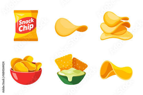 Snack chips icon set, potato crisps and nachos, red bowl serving, crunchy stack, snack pack pouch, isolated on white, vector clipart, clean design, editable elements