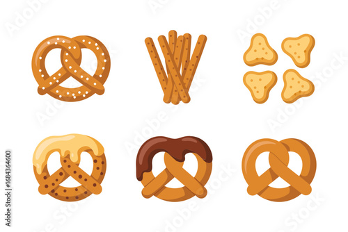 Pretzel variety pack, soft twists and braided knots, crunchy bread sticks, cute cracker shapes, salted snack icons, vector illustration, food collection, minimal style