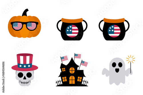 Patriotic halloween icons, pumpkin with american sunglasses, candy cauldron with flag colors, skull in top hat, haunted house with flags, friendly ghost, vector illustration, sticker pack