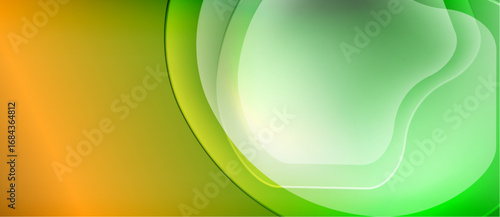 Abstract background features flowing layers, vibrant orange transitioning into bright green. Smooth curves create dynamic visual effect.