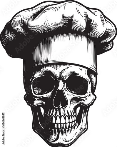 Grim Reaper Chef Skull Illustration with Cook Hat for Culinary Themed Designs and Halloween Concepts in Black and White