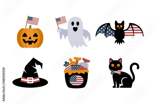 Pumpkin ghost and bat with USA accents witch hat star bucket black cat patriotic halloween icons for banners cards and stickers