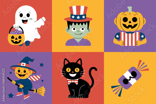 Colorful grid of halloween icons pumpkin ghost frankenstein jack o lantern house witch black cat and candy patriotic square layout for designers