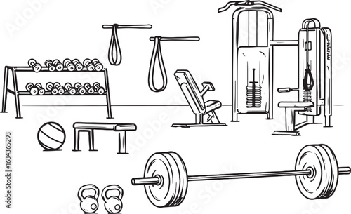 Gym Equipment Sketch with Weights Dumbbells and Exercise Machines for Fitness and Strength Training in Black and White